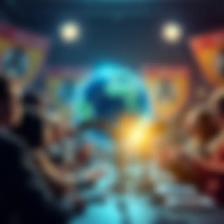 Buga Sphere Press Conference A group of people at a press conference discussing the Buga Sphere, with microphones and banners in the background