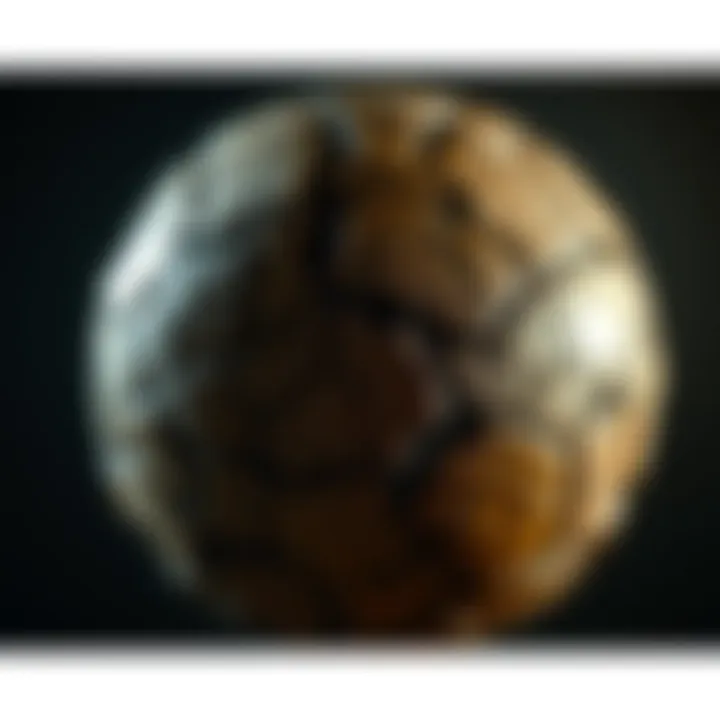 Buga Sphere Radiocarbon-14 Dating A close-up of the Buga Sphere being examined for Radiocarbon-14 dating, showcasing its ancient surface and unique texture.