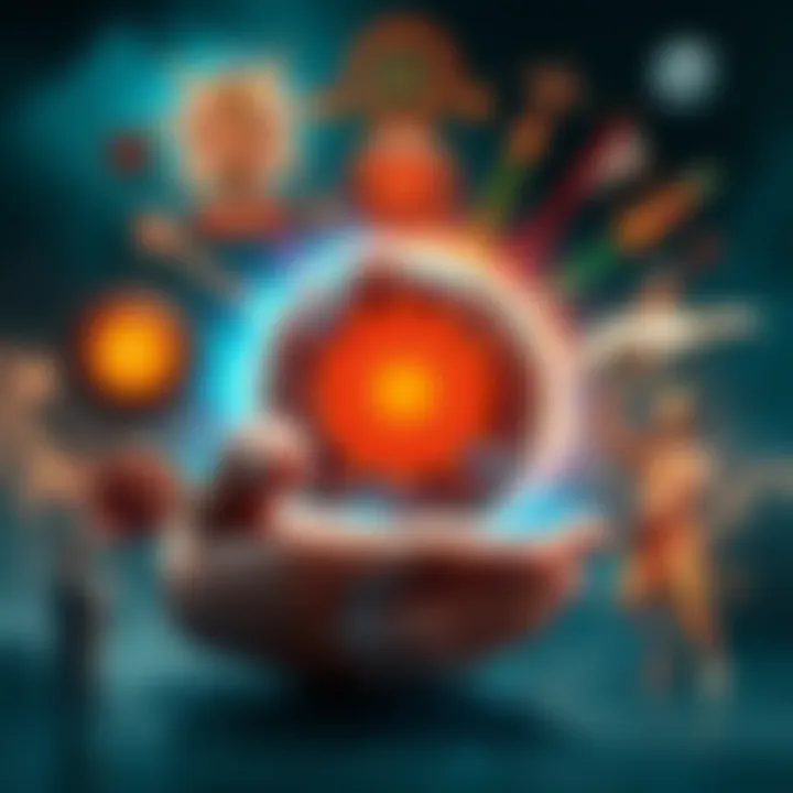 The Buga Sphere glowing and vibrating in response to a Hindu Vedic mantra, surrounded by cultural symbols and imagery representing modern belief systems.