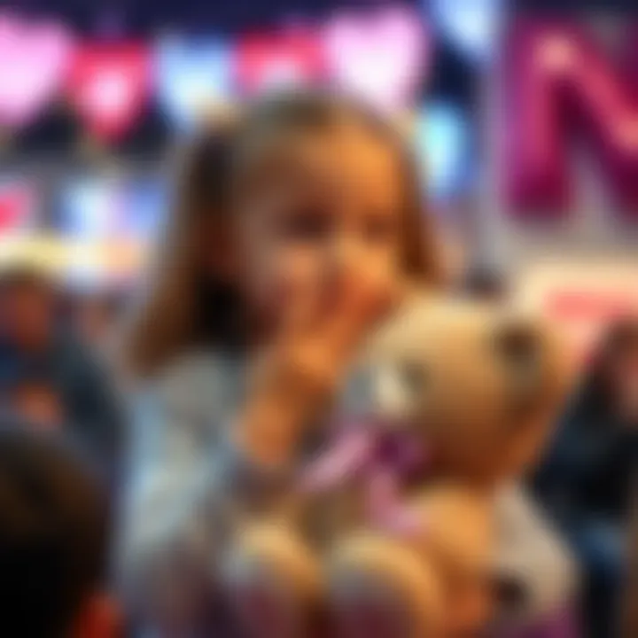 Young girl participating in Build-A-Bear Heart Ceremony A young girl holding a stuffed bear during the Heart Ceremony, looking contemplative as she prepares to warm the heart and make a wish.