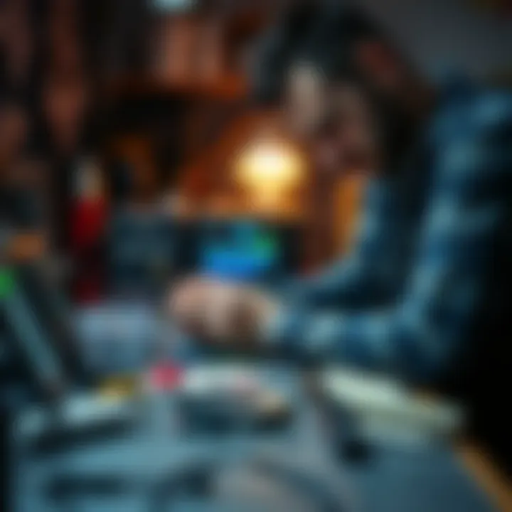 A person assembling a DIY paranormal device using electronics tools and components on a workbench