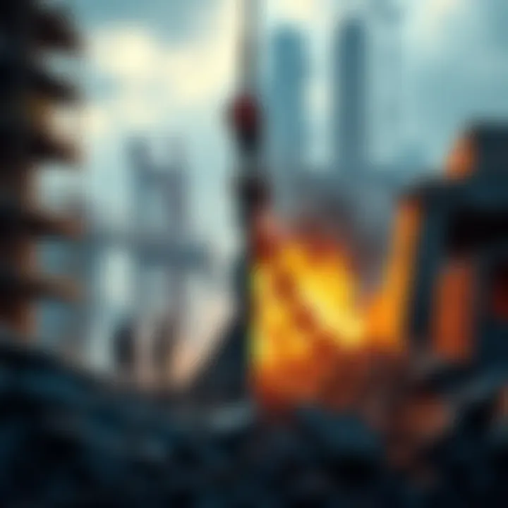 A split image showing a construction site on one side with workers building a structure and rubble on the other side symbolizing destruction.