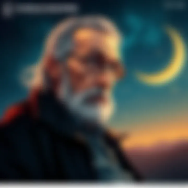 A portrayal of Charles Bukowski surrounded by astrological symbols and a night sky full of stars and a crescent moon, reflecting his literary journey and personal struggles