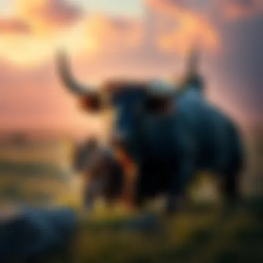 A serene landscape featuring a bull and a big cat, symbolizing a bond with nature and deeper meanings.