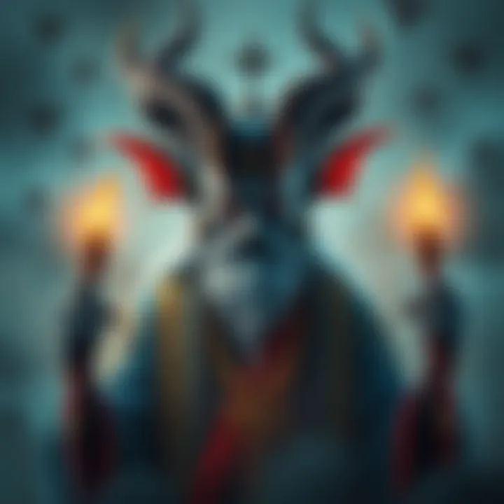 A depiction of Bune, the Goetia demon, showing him with a regal presence and a hint of jealousy, surrounded by symbols of other deities.