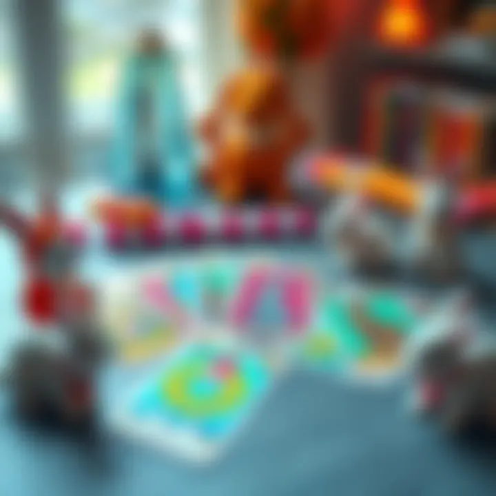 Bunny Tarot Deck A colorful bunny-themed tarot deck laid out on a table with a few bunny toys around it.