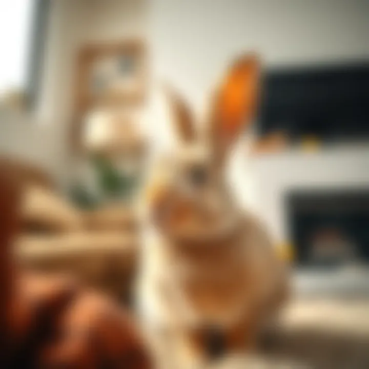Bunny watching something Bruno the bunny looking around curiously with ears perked up, thumping in a cozy living room.