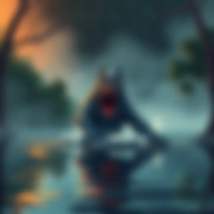 Illustration of a Bunyip lurking in a river surrounded by trees and mist