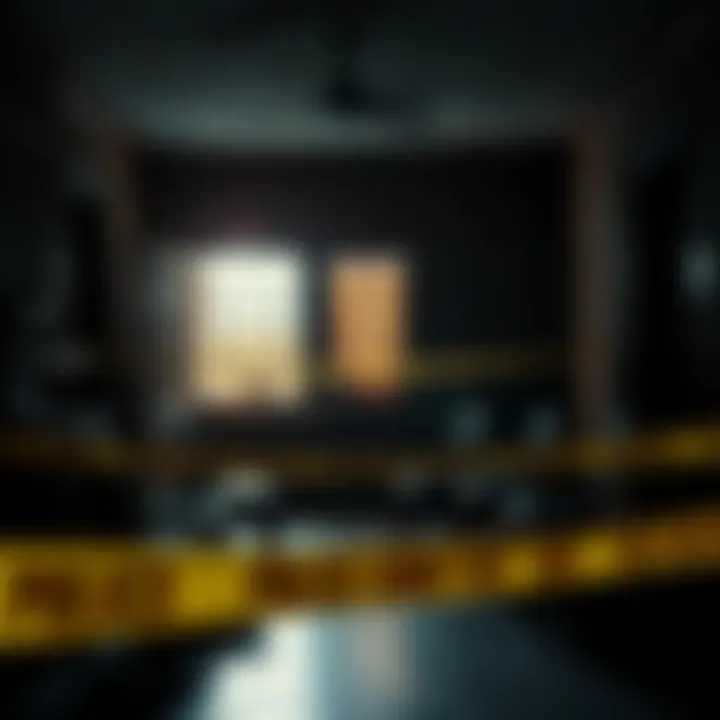 A somber view of a home with police tape, chairs placed in a circle, and dark shadows suggesting a mystery within.