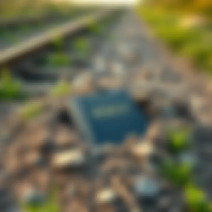 A close-up view of a Bible partially buried in dirt beside railroad tracks, surrounded by grass and small rocks.
