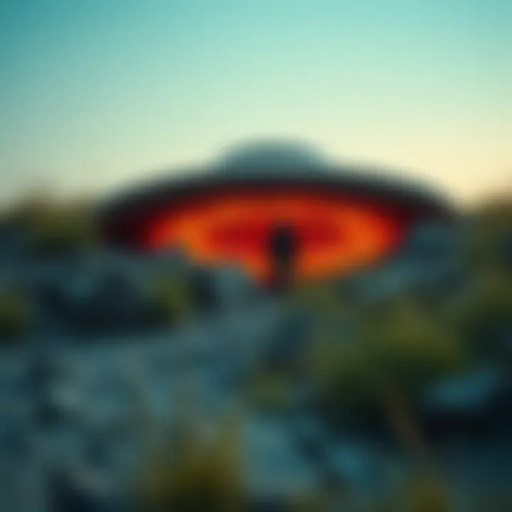 A large unidentified flying object partially buried in a rocky terrain, surrounded by tall grass, indicating its hidden presence
