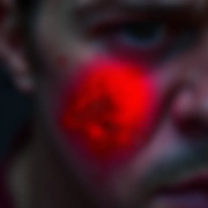 Close-up of a red burn mark on a person's skin with a worried expression
