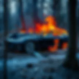 A fiery wreck of a Tesla car surrounded by trees and debris after a crash in Huntsville, Alabama.