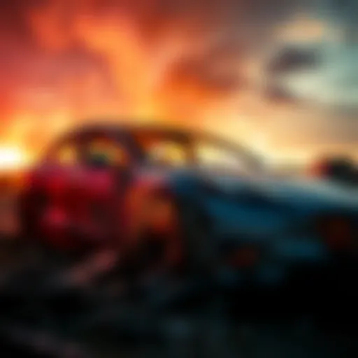 A burned Tesla vehicle surrounded by debris, indicating a tragic event, with smoke rising in the background.