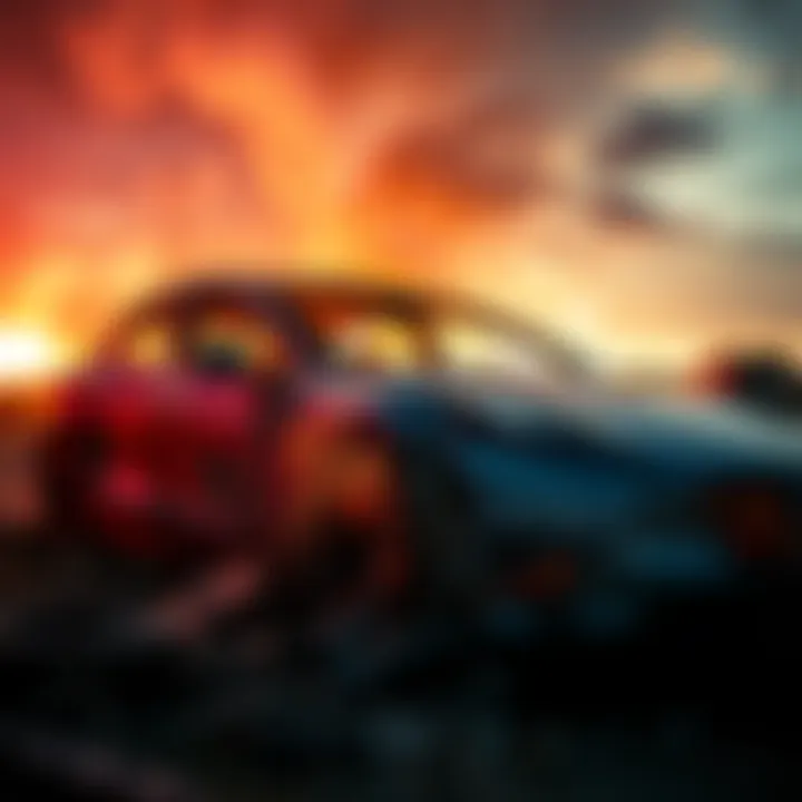 A burned Tesla vehicle surrounded by debris, indicating a tragic event, with smoke rising in the background.