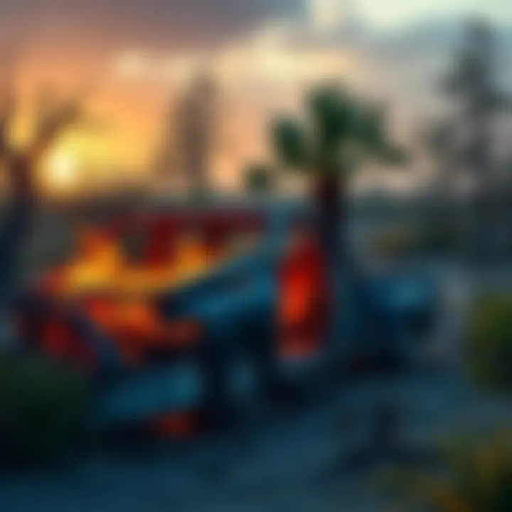 A burned truck sits in a desolate area, surrounded by trees and brush, indicating a recent fire. The vehicle is charred and damaged, raising questions about the owner's whereabouts.