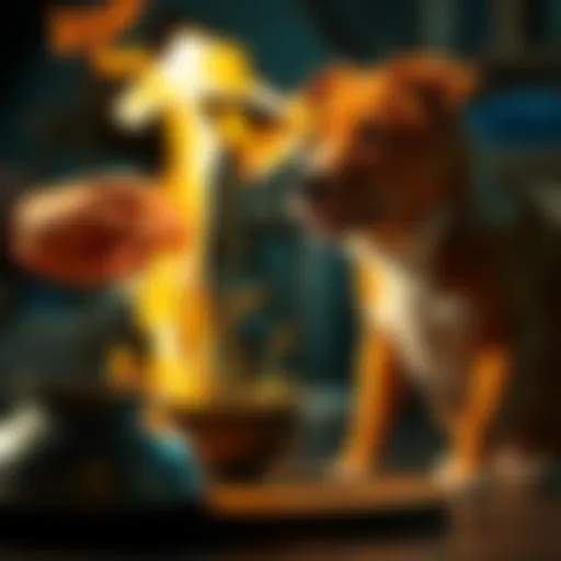 A person burning herbs in a bowl while a dog sits nearby, showing concern and curiosity