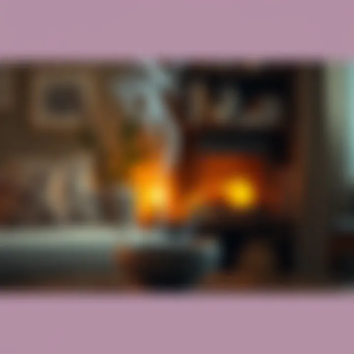 A person holds a stick of incense over a small bowl as smoke rises, creating a calming atmosphere in a home setting.
