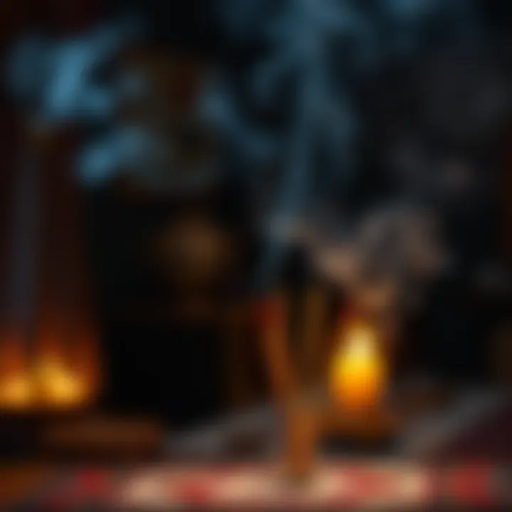 A cozy room with incense sticks burning, filling the air with fragrant smoke, creating a calming atmosphere.