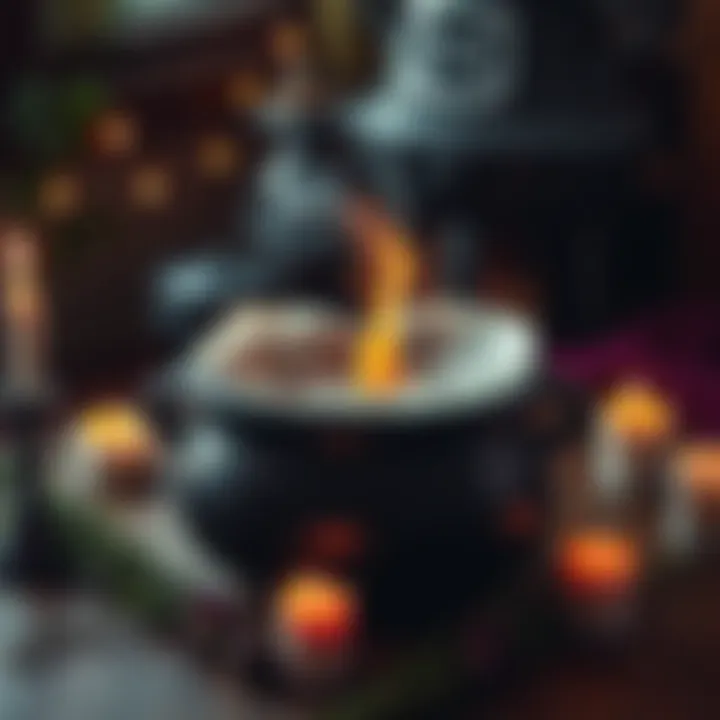 A covered cauldron with smoke rising from burning paper inside, surrounded by herbs and candles.
