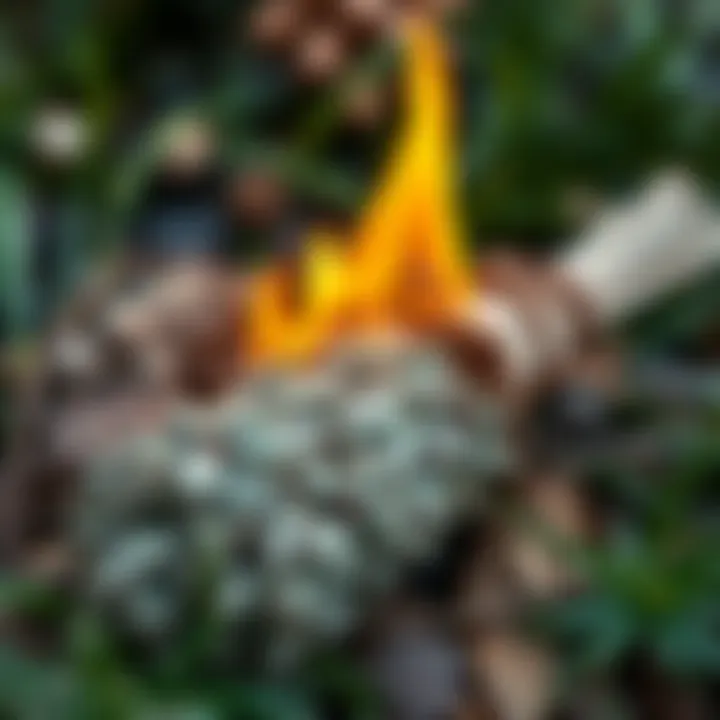 A bundle of dried sage burning with smoke rising, surrounded by greenery