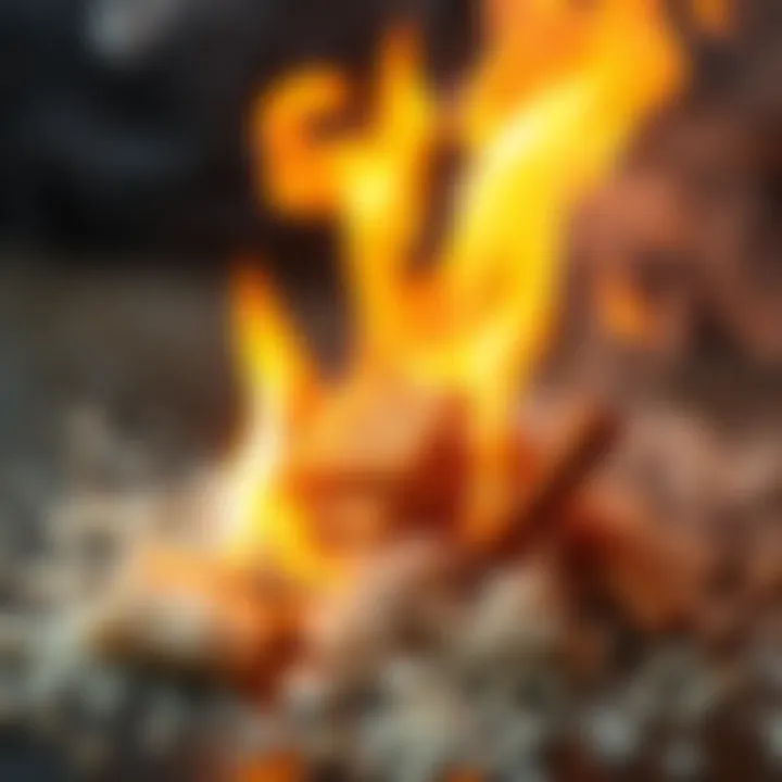 A small pile of saltines and cinnamon sticks on fire, emitting smoke and flames during a ritual offering