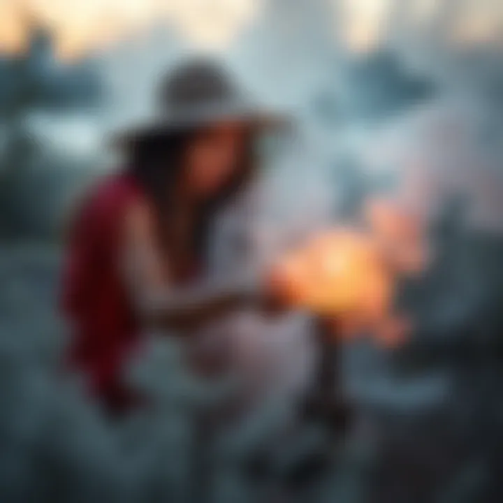 A new witch burns white sage to cleanse negative energy, surrounded by smoke and a peaceful atmosphere.