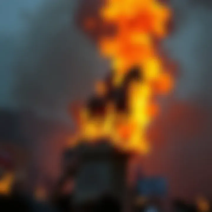 Burning Baal Statue A Baal statue engulfed in flames during a protest in Iran, symbolizing government rituals.