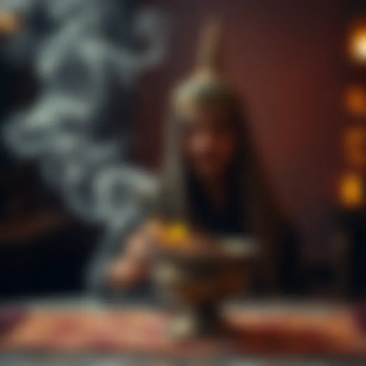 A person safely burning bakhoor in a traditional incense holder, surrounded by aromatic smoke.