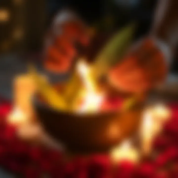 A person lights a bay leaf on fire in a bowl, surrounded by candles and rose petals, symbolizing a love spell ritual