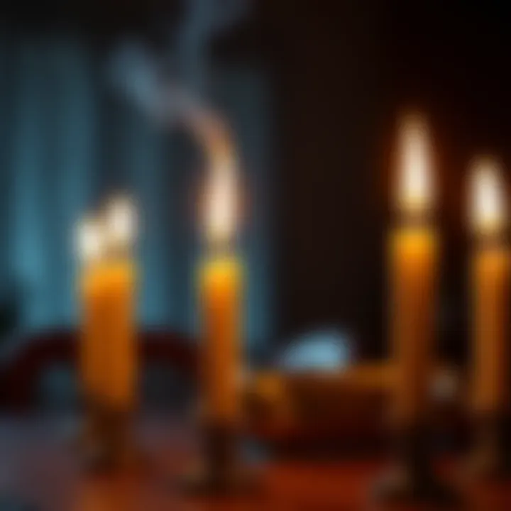 Burning candles on a table A close-up of lit candles on a table, one being blown out with smoke rising