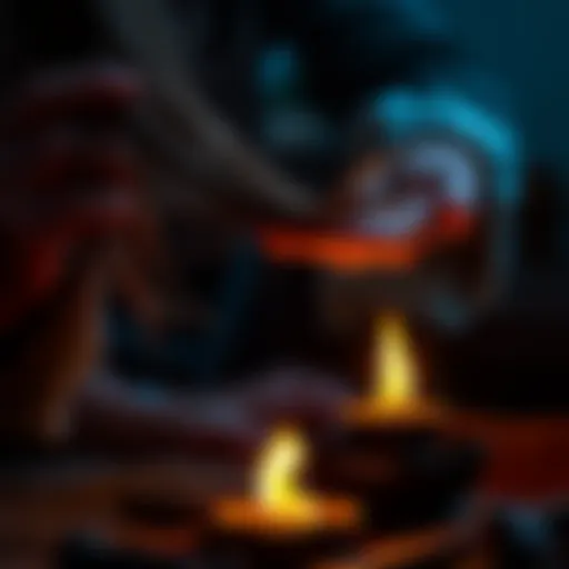 A person performing a ritual with shed hair over a small flame, symbolizing spiritual connection.