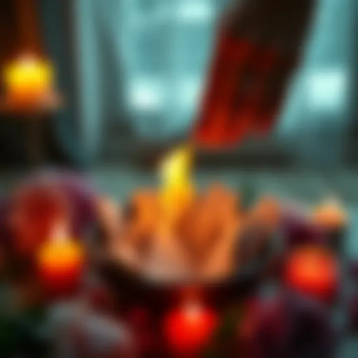 A person gently burning old love letters in a small bowl, surrounded by flowers and candles, symbolizing moving on from past relationships.