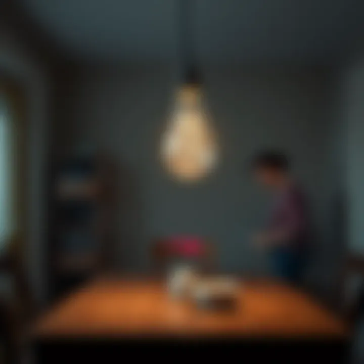 A light bulb is burnt out above a dining table while a woman, resembling a mother-in-law, stands nearby, looking concerned.