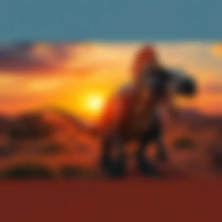 A large dinosaur resembling a reptile, standing in the Australian Outback with a sunset in the background, showcasing its powerful stance and sharp teeth