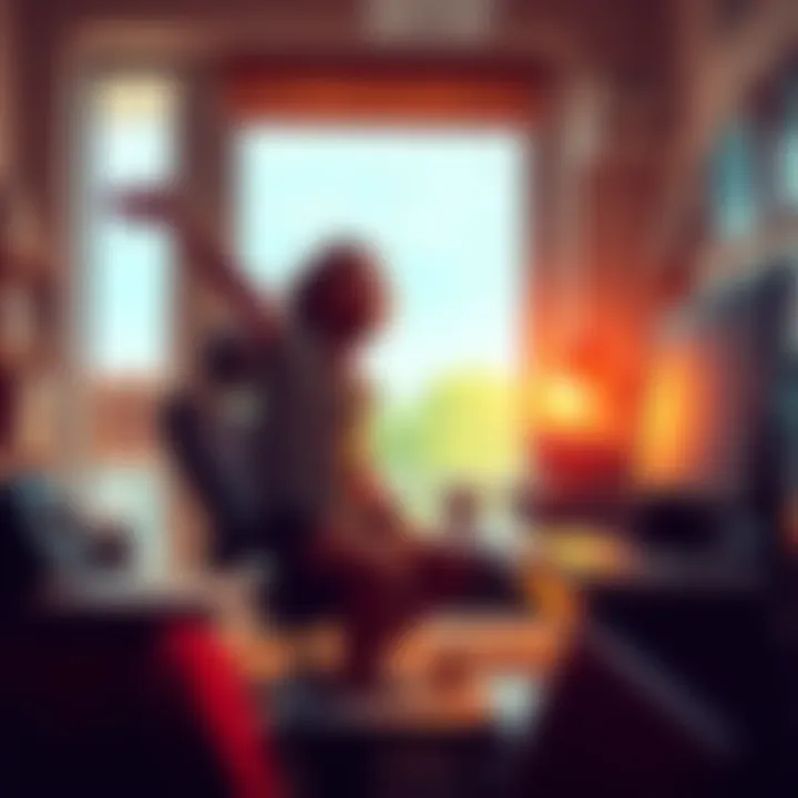 Burst of Energy on a Free Day A person sitting at a desk, looking excited and overwhelmed with energy on their day off, surrounded by unfinished tasks and bright sunlight coming through the window.