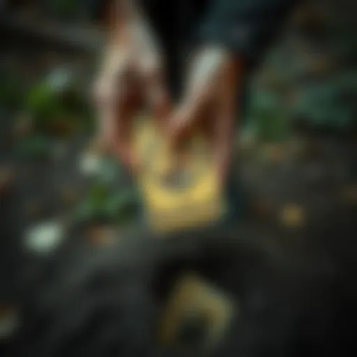 A person holding an old tarot deck with one missing card, standing by a small hole in the ground, ready to bury the deck as a ritual gesture