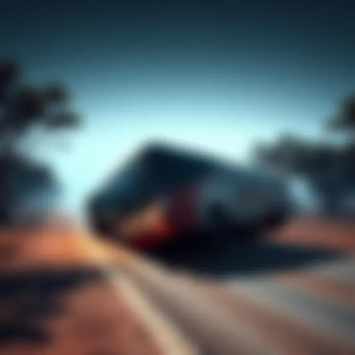 A Greyhound bus overturned on a deserted road in the Australian outback, with surrounding trees and eerie shadows.