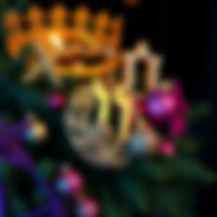 A bush adorned with decorative elements and symbols resembling Hebrew letters.