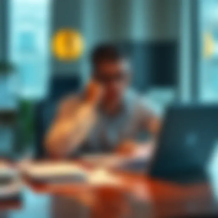 A business owner sitting at a desk, looking thoughtful and worried, with papers and a laptop around them, symbolizing burnout and seeking help.