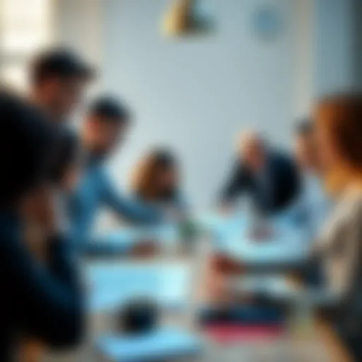 A diverse group of people discussing business strategies around a table, with charts and notebooks in front of them.