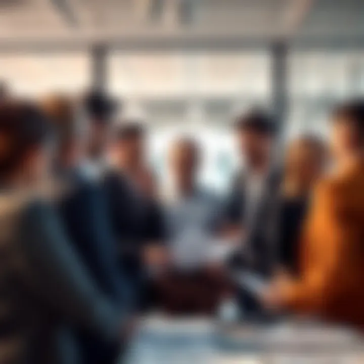 A diverse group of business leaders engaged in a serious discussion in a modern office setting, analyzing charts and documents.