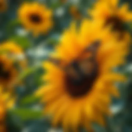 A butterfly resting on a giant sunflower in a garden, capturing a serene moment of nature.