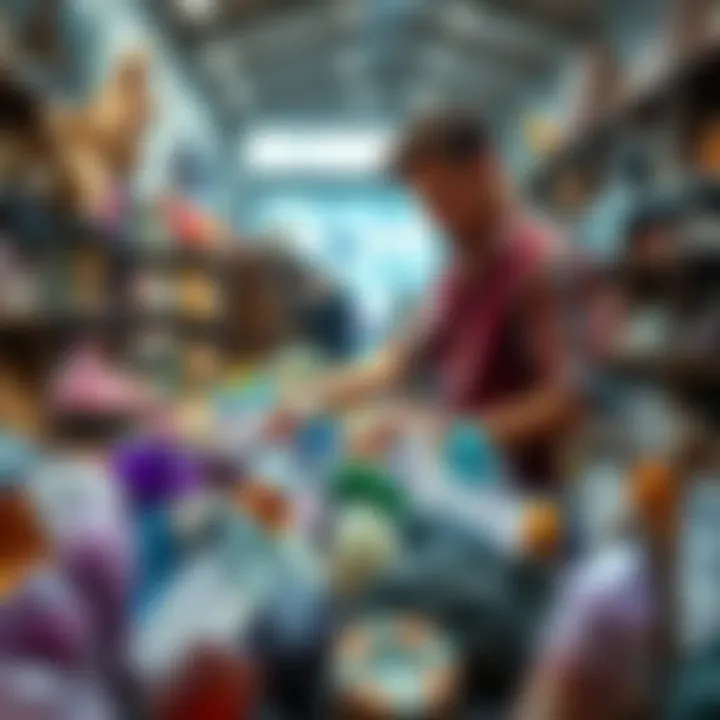 A person browsing a table filled with various colorful crystals at a local shop