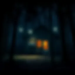 A dimly lit cabin surrounded by trees, with an old air conditioning unit visible and shadows lurking in the background.