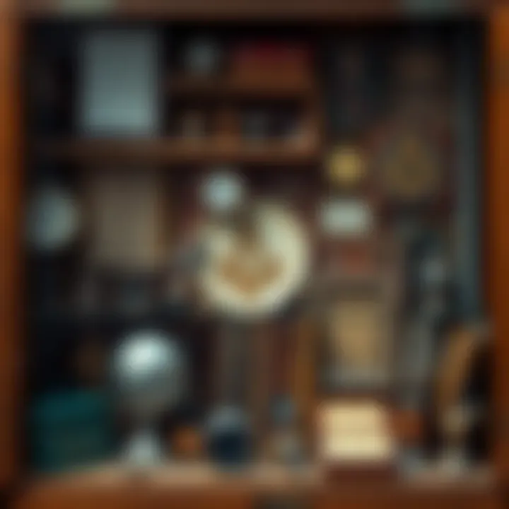 A cabinet filled with vintage items including CIA-related memorabilia and Freemason symbols