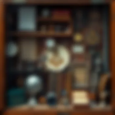 Cabinet full of artifacts A cabinet filled with vintage items including CIA-related memorabilia and Freemason symbols