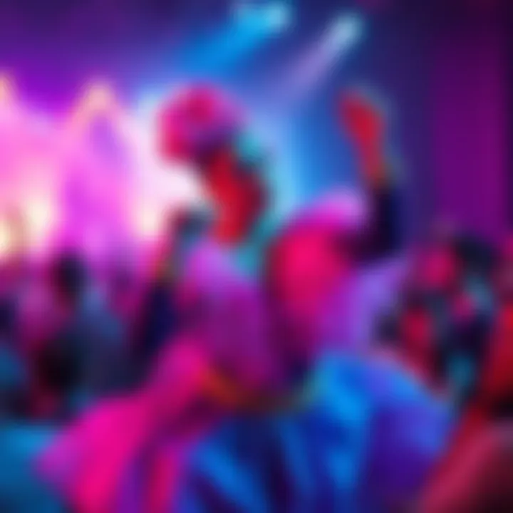 Cadáver Minimal, an autistic drag queen, performs on stage with colorful costumes and vibrant makeup, engaging an audience in a lively atmosphere.