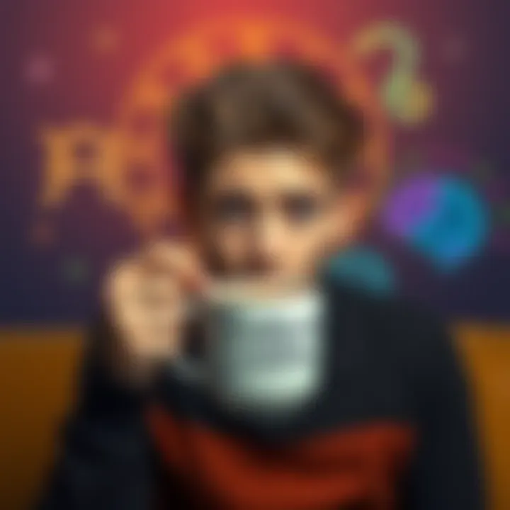 Caffeine Effects A person holding a coffee cup looks confused while feeling sleepy. The background shows a zodiac sign symbol and colorful brain icons representing neurodiversity.