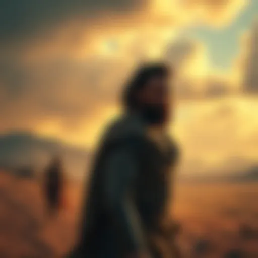 Cain's Departure Cain is seen walking away from the scene of Abel's death, with a desolate landscape behind him. His expression reflects sorrow and determination as he heads toward a distant settlement.